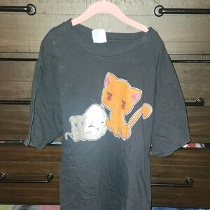 Black T-Shirt with Cute Anime Cat and Mouse Graphic